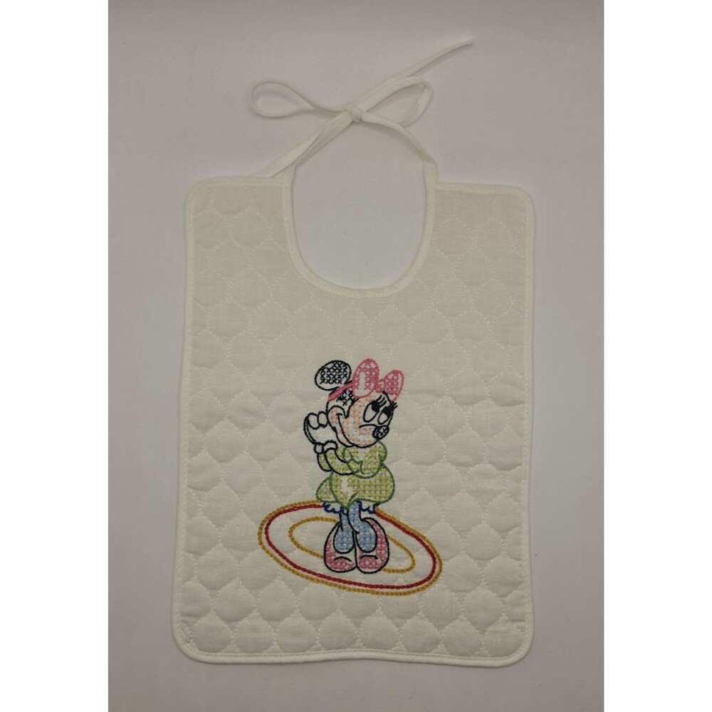 Vintage Minnie Mouse Baby Bib Embroidered Cross Stitch 80s Handmade